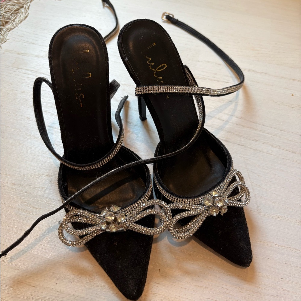 Lulu's Black Heels with Sparkling Rhinestone Bow